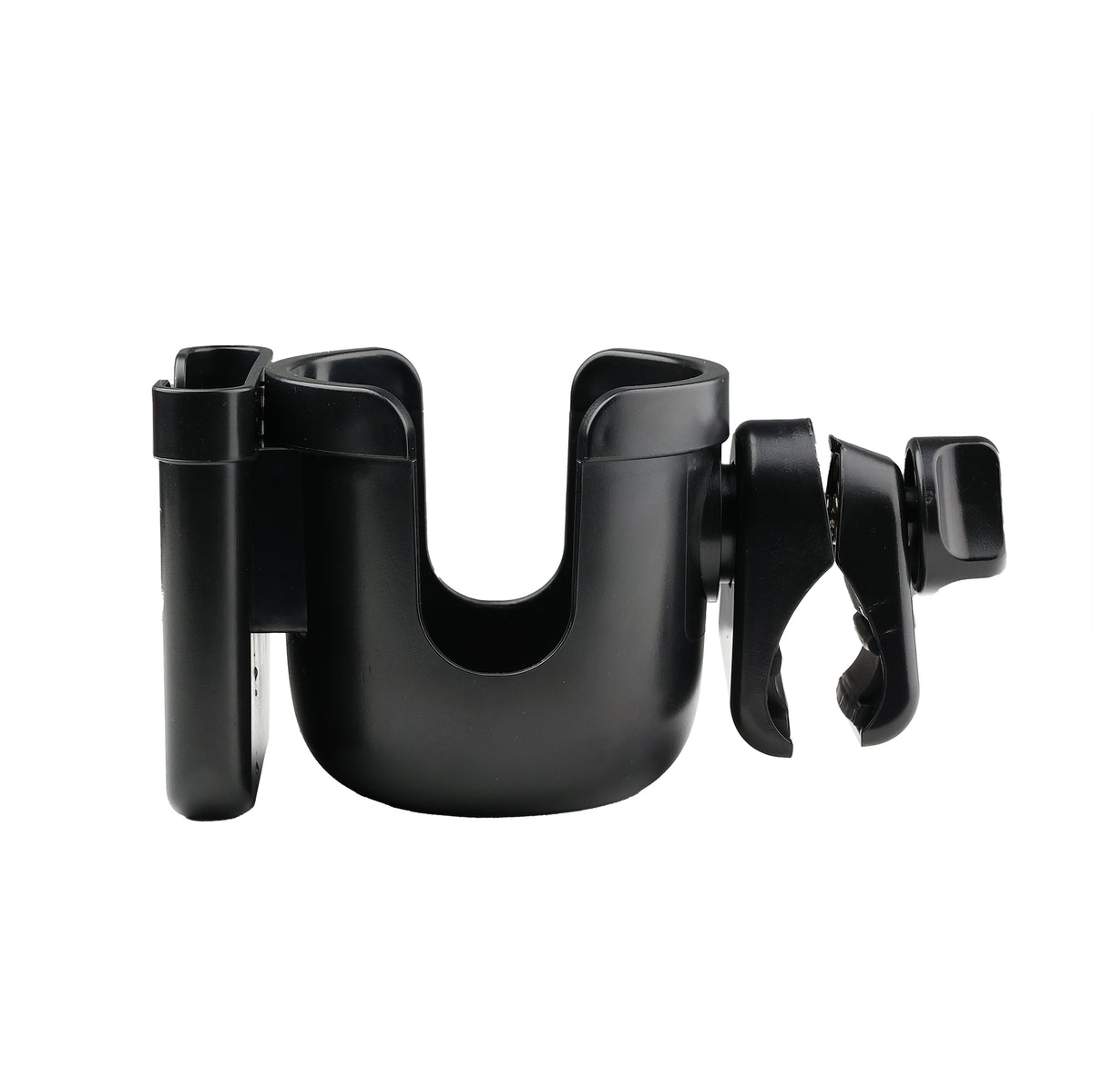 side view of a cup holder showing the cell phone slot and the clip