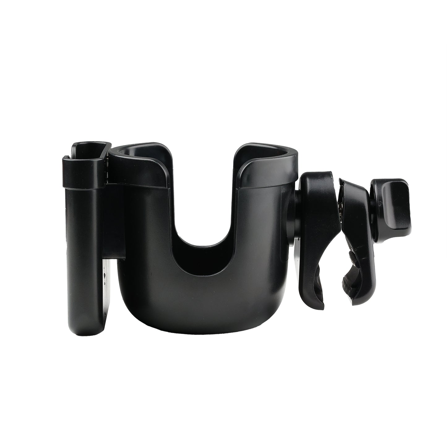 side view of a cup holder showing the cell phone slot and the clip