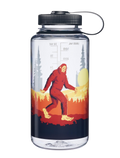 Clear water bottle with a red Sasquatch design on a white background