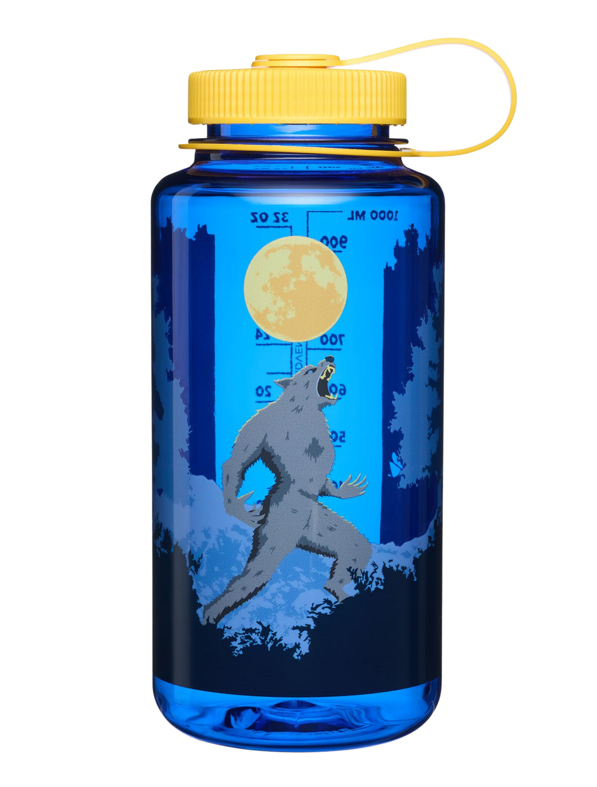Blue water bottle with a yellow cap featuring a wolf and moon design on a white background