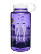 Purple water bottle with alien design on a white background