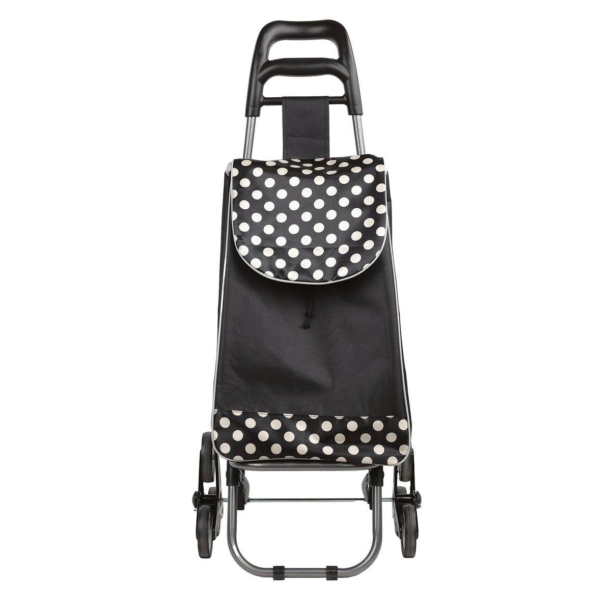 front view of the 3 wheels black polka dots shopping cart