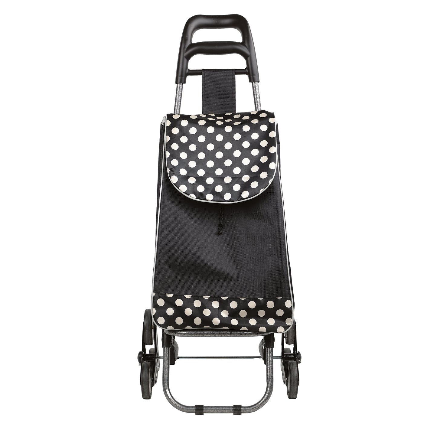 front view of the 3 wheels black polka dots shopping cart
