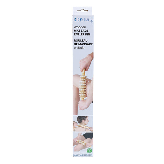 front view of packaging for the wooden massage roller pin